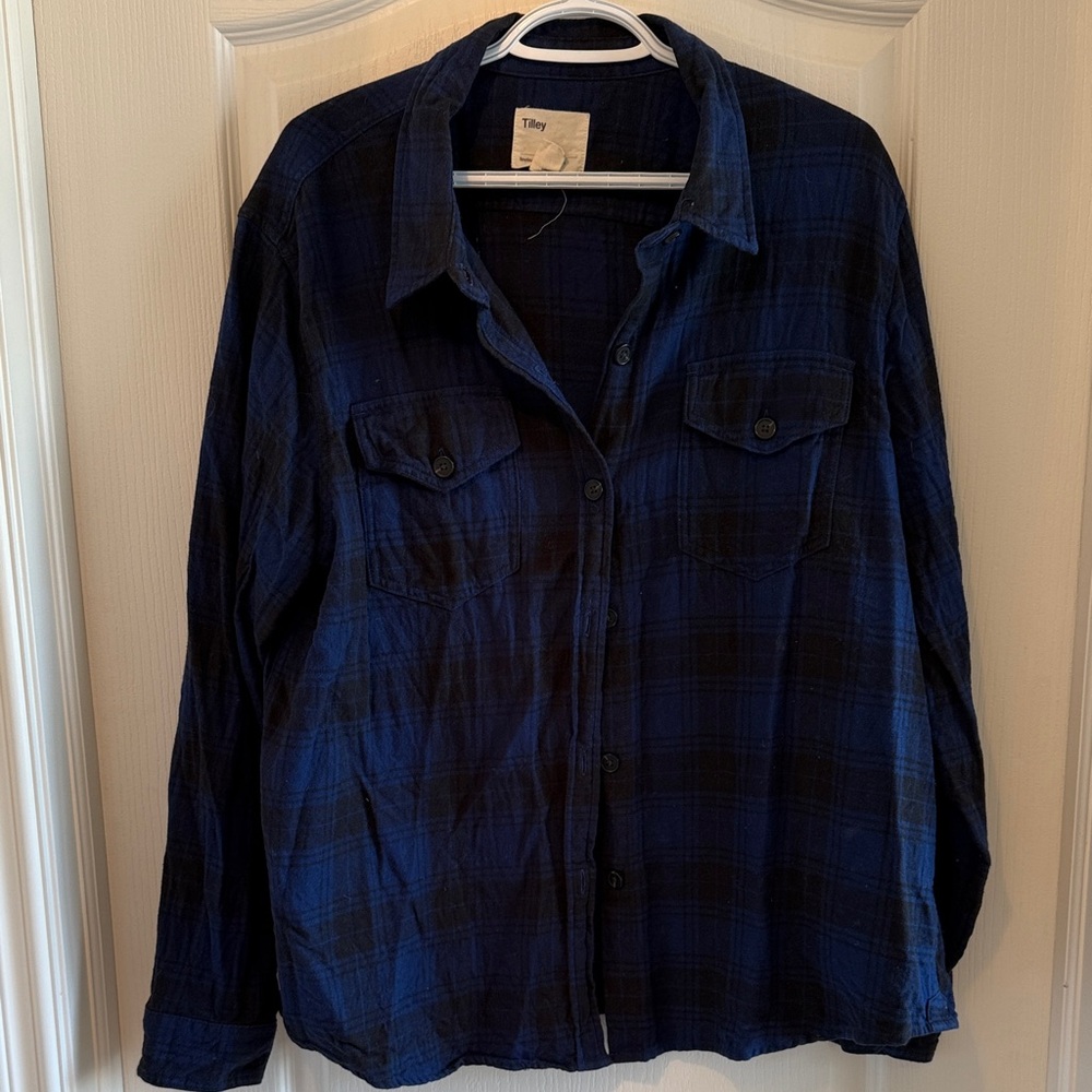 Navy Blue Button Down Flannel Shirt